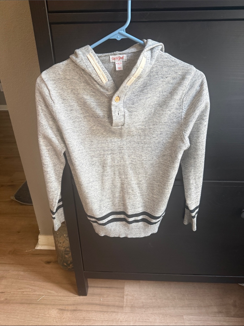 Cat & Jack Men's Light Heather Gray V-Neck Hoodie Sweater with Navy Stripe